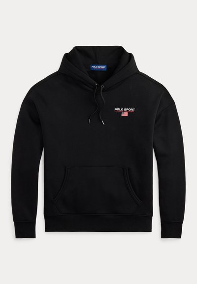 Svart hettegenser laget av bomullsblanding, med kengurulomme, snorhette og "POLO SPORT" broderi på brystet.