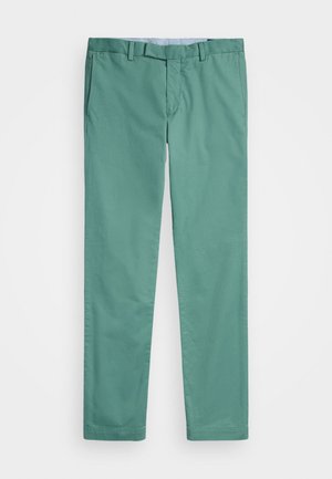 Lichtgroene katoenen broek met een platte voorkant, lussen voor een riem en een recht gesneden silhouet. Soepele textuur en standaard ontwerp met twee zakken.