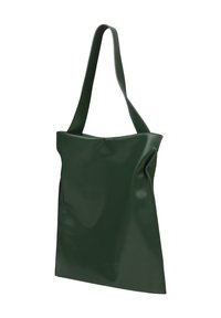 Sac fourre-tout vert et brillant au design minimaliste, doté de larges sangles et d'une forme structurée. Texture douce avec une finition lisse.