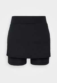 Skort atlético negro con un short interior ajustado y una capa exterior suelta. Fabricado con material elástico, presenta un color sólido con costuras mínimas.