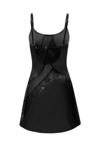 Vêtement sans manches noir avec des panneaux transparents, des accents en dentelle et des bretelles ajustables. Silhouette évasée avec une texture lisse.