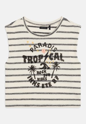 Ærmeløs hvid bomuldsbluse med sorte horisontale striber og tropisk-tema sort tekst og grafik, herunder palmer og stjerner.