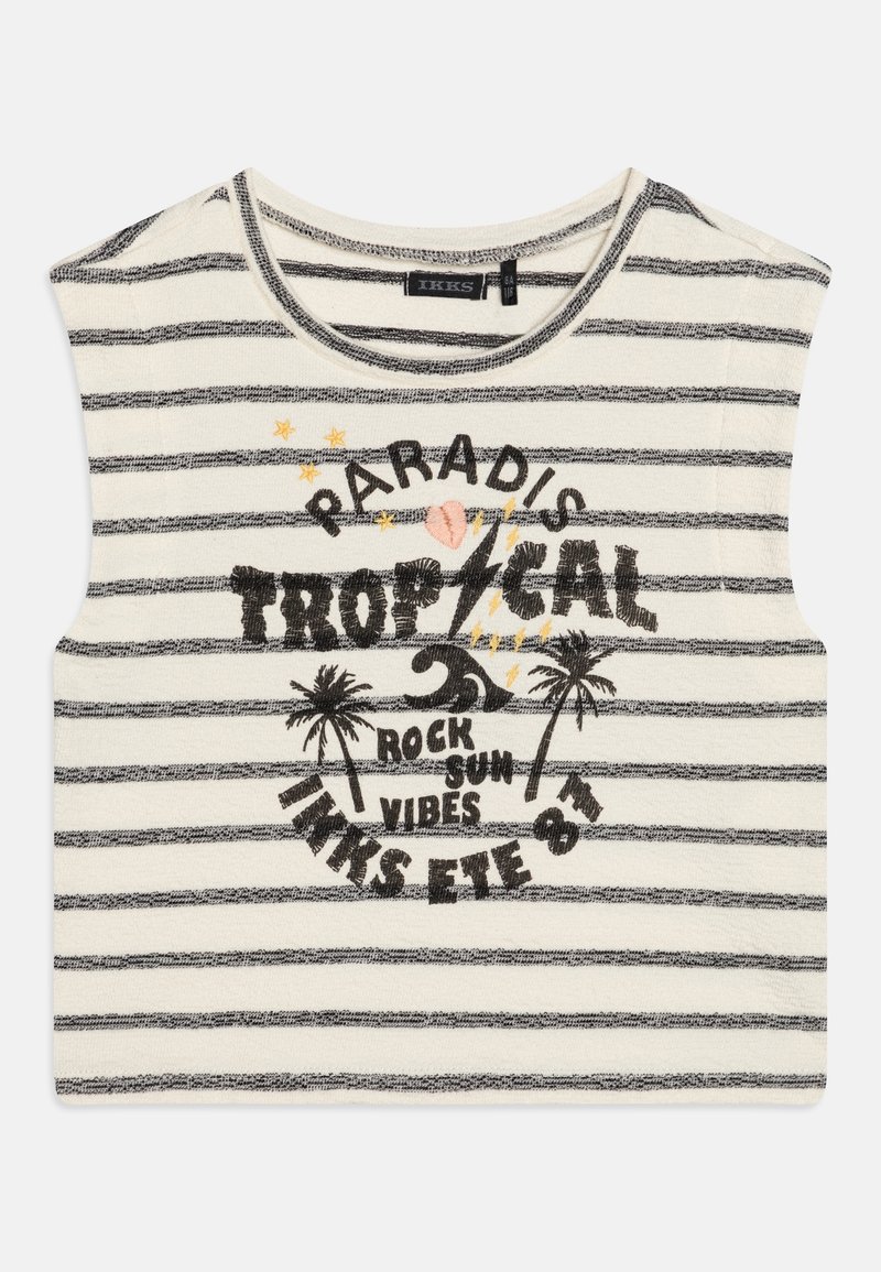Haut sans manches en coton blanc avec des rayures horizontales noires et un texte ainsi que des graphismes noirs à thème tropical comprenant des palmiers et des étoiles.