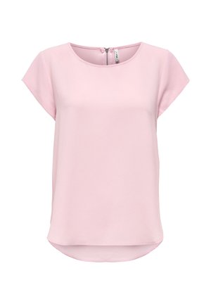 Hellrosa Bluse mit kurzen Ärmeln, rundem Ausschnitt und Reißverschluss an der Rückseite, mit leicht gewelltem Saum und strukturiertem Stoff.