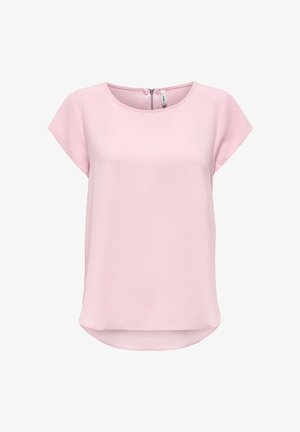 Hellrosa Bluse mit kurzen Ärmeln, rundem Ausschnitt und Reißverschluss an der Rückseite, mit leicht gewelltem Saum und strukturiertem Stoff.