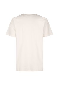 Camiseta de algodón blanca con mangas cortas, escote redondo y un corte relajado. Sin gráficos ni patrones; textura suave. Se muestra la vista trasera.