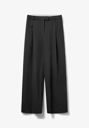 Loose-fitting black trousers made of fabric with a smooth texture, featuring pleats, side pocket, and a belt loop waistband.