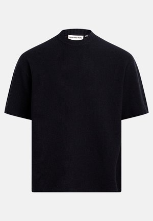 Schwarzer kurzärmeliger Strickpullover mit geripptem Rundhalsausschnitt und strukturierter Stoffoberfläche, mit der Aufschrift "Redefined Rebel".