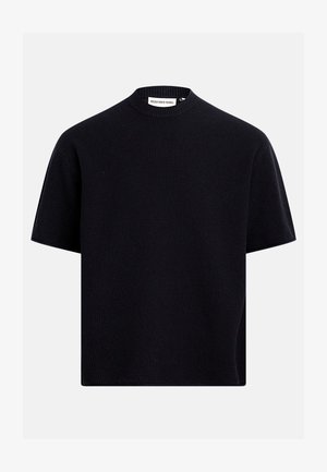 Schwarzer kurzärmeliger Strickpullover mit geripptem Rundhalsausschnitt und strukturierter Stoffoberfläche, mit der Aufschrift "Redefined Rebel".