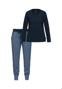 Mörkblå långärmad topp med rund hals, kombinerad med ljusblå joggingbyxor som har dragsko i midjan och ribbade muddar.