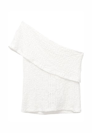White off-the-shoulder top with a textured fabric, featuring a wavy hemline and structured design. No visible patterns or hardware.