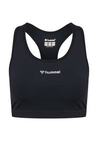 Svart idrottsbehå i slät tyg, med racerback-design och en vit logotyp på framsidan. Tagg synlig i krageområdet.