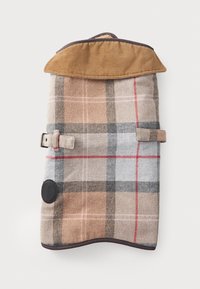 Plaid dog coat in beige, gray, and red with brown corduroy collar and adjustable side straps, flat on white background.