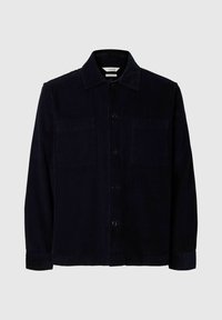 Chaqueta de algodón de pana azul marino con botones, cuello y dos bolsillos en el pecho, mangas largas y dobladillo recto.
