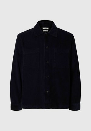Navy blue corduroy button-up jacket with collar and two chest pockets, long sleeves, and a straight hem.