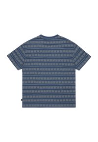 Blue short-sleeve t-shirt features a geometric pattern in a lighter color, with a crew neckline and side label for detail.