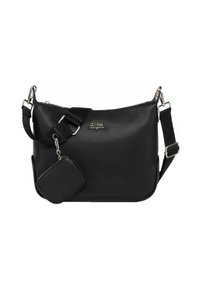 Czarna skórzana torba na ramię z regulowanym paskiem i małą przyczepioną kieszonką na zamek, srebrnym osprzętem oraz logo marki z przodu.