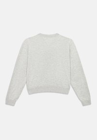 Gai pelēks garām piedurknēm adīts džemperis ar ribotajām aprocēm, apakšmalu un kakla izgriezumu, redzams no aizmugures uz baltas fona.