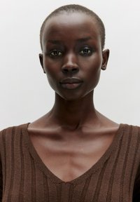 Brown striped knit top with a deep V-neckline, showcasing a textured fabric and subtle detailing, worn by a model with short hair.