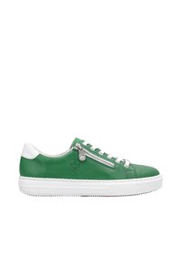 Green leather sneaker with white accents, lace-up design, side zipper, textured rubber sole, and logo detail on the outer side.