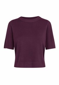 Pull à manches courtes, col rond en violet profond, avec une texture tricotée lisse et une coupe décontractée avec un ourlet discret.