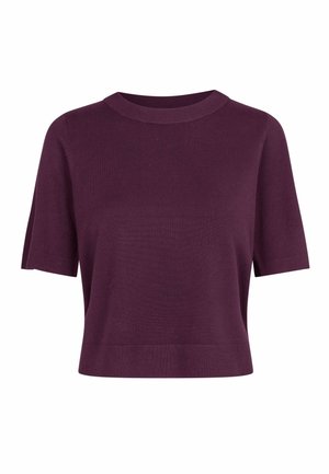 Short-sleeve, crew neck sweater in deep purple, featuring a smooth knit texture and a relaxed fit with a subtle hemline.