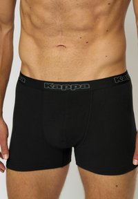 Boxeri scurți din bumbac negru cu un design ajustat. Dispun de un cinturila elastic lat cu logo-ul "Kappa" în gri. Textură moale, lungime până la mijlocul coapsei.