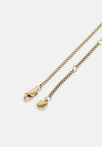 Gouden ketting met twee verschillende secties: een met een vlakke, gladde textuur en een andere met een visgraatpatroon. Inclusief een sluiting en een hanger.