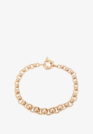 Bracciale d'oro con alternate piccole e grandi perle rotonde collegate da anelli a catena circolari e una chiusura a toggle rotonda.