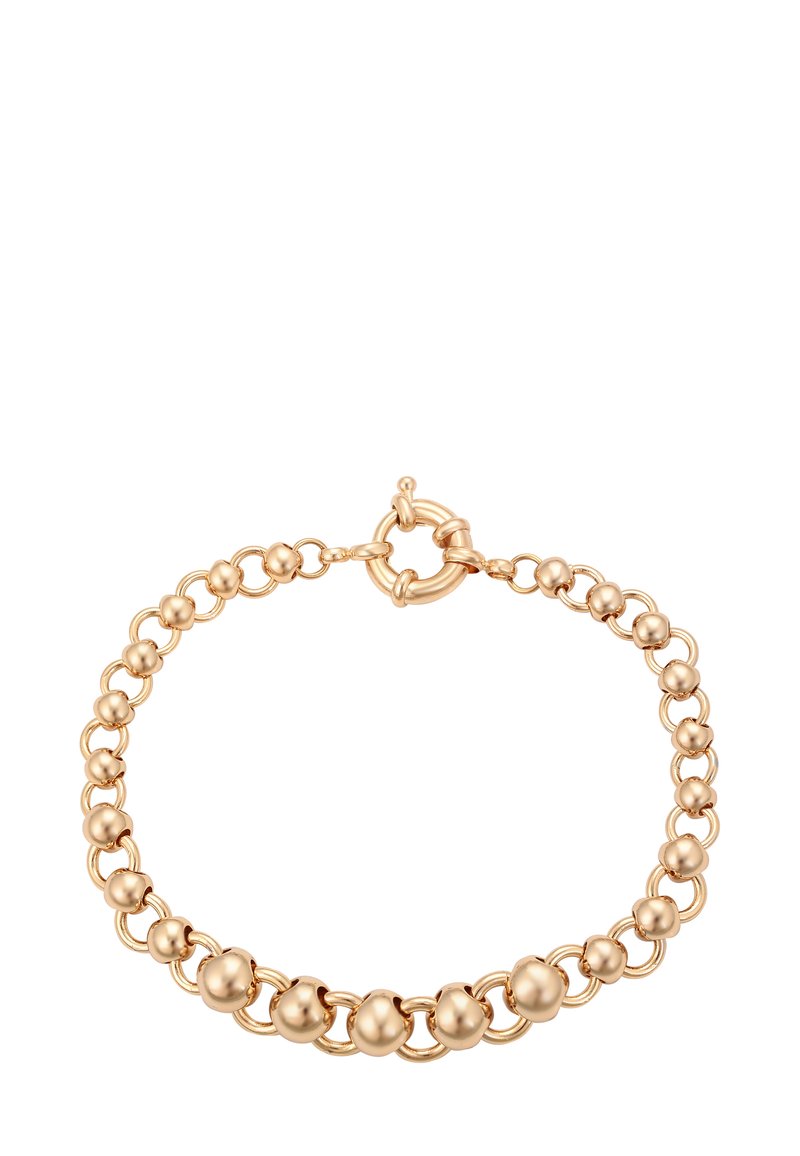 Arany karkötő, váltakozó kicsi és nagy kerek gyöngyökkel, kör alakú láncszemekkel összekötve, valamint egy kerek zárral.