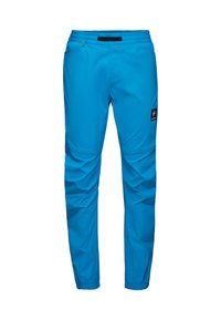 Pantalons légers et bleus avec une taille élastique, des poches avant et un patch logo sur le côté, fabriqués dans un matériau lisse et durable.
