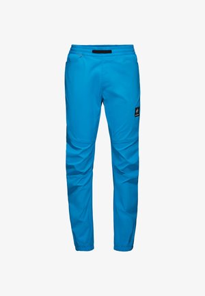 Blaue, leichte Hosen mit einem elastischen Bund, vorderen Taschen und einem seitlichen Logoschild aus einem glatten, strapazierfähigen Material.