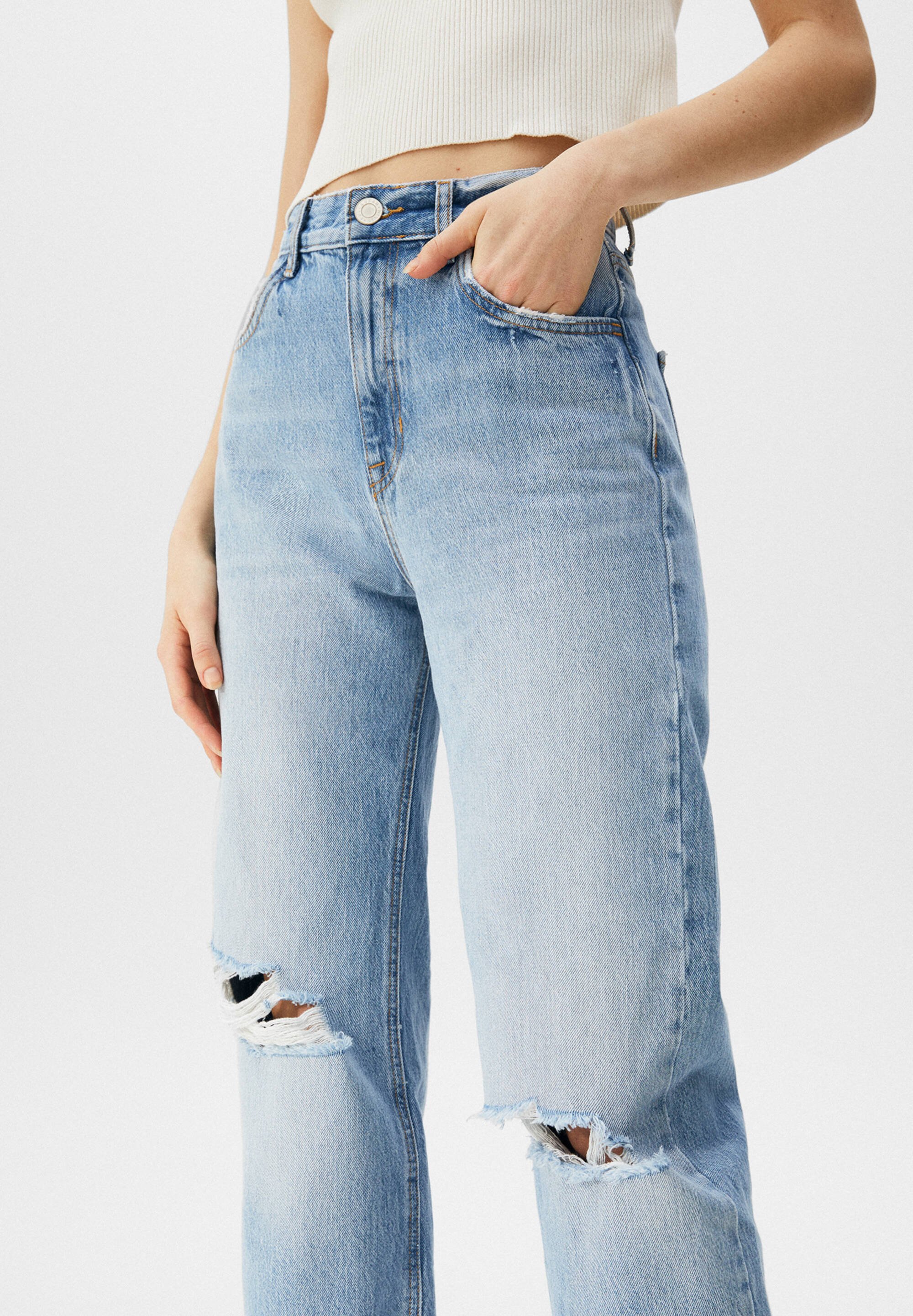 PULL\u0026BEAR WITH RIPPED DETAILING - Straight leg jeans - stone blue denim -  Zalando.ie
