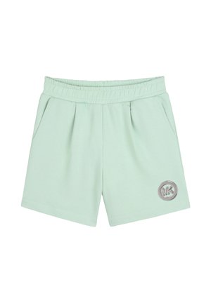 Light green shorts with elastic waistband, side pockets, and a silver circular logo on the left leg.