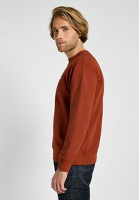 Felpa arancione bruciato con maniche lunghe, polsini e orlo a costine. Presenta un piccolo logo sul petto. Indossata con jeans scuri.