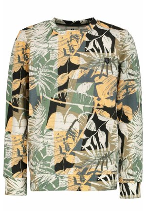 Trui met lange mouwen en ronde hals, bedrukt met een abstract patroon van tropische bladeren en planten in groen, beige, zwart en wit.