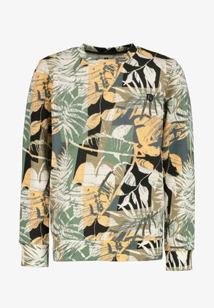 Langærmet crewneck-trøje med abstrakt mønster af grønne, beige, sorte og hvide tropiske blade og planter.