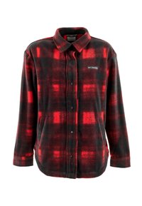 Camisa de franela a cuadros rojos y negros con mangas largas, cierre frontal de botones y dos bolsillos laterales. Textura suave y diseño de ajuste regular.