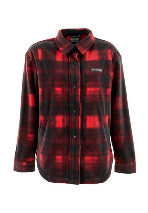 Camicia in flanella a quadri rossa e nera con maniche lunghe, chiusura con bottoni e due tasche laterali. Texture morbida e design a vestibilità regolare.