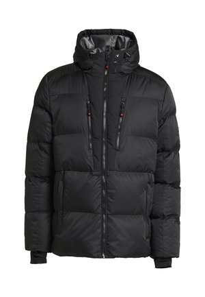 Chaqueta acolchada negra con un cuello alto, cierre frontal con cremallera y bolsillos, diseño acolchado y puños elásticos. La tela parece suave e insulated.