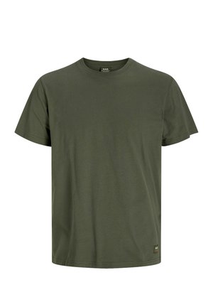 Olívazöld pamut póló kerek nyakkal, rövid ujjal és egyenes aljjal. Az alsó részén található egy kis címke.