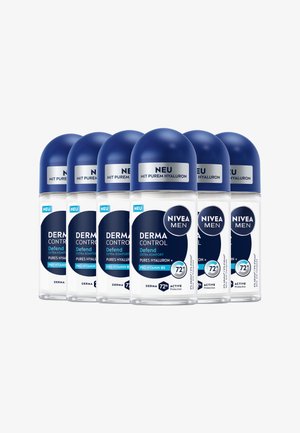 Six Nivea Men Derma Control Defend roll-on deodorants with blue caps, highlighting 72-hour active protection and hyaluron content.