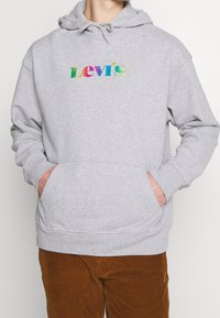 Felpa grigia con cappuccio e tasche a marsupio. Presenta un logo "Levi's" colorato in stile gradient sul petto. Tessuto morbido, vestibilità comoda.
