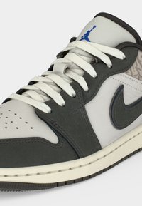 Κοντινή λήψη γκρι και λευκού παπουτσιού Nike Air Jordan με λευκά κορδόνια, μπλε λογότυπο Jumpman στη γλώσσα και μαύρο λογότυπο Nike swoosh στο πλάι.