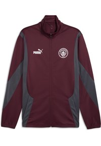 Bordeaux atletisk zip-jakke med grå sidepaneler, høj krave, Puma-logo og Manchester City-emblem på venstre bryst. Glat stof.