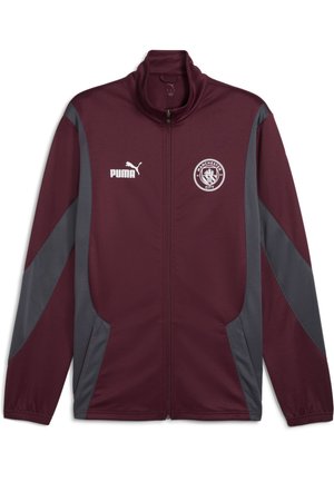 Bordová športová zipová bunda s šedými bočnými panelmi, vysokým golierom, logom Puma a emblémom Manchester City na ľavej hrudi. Hladká tkanina.