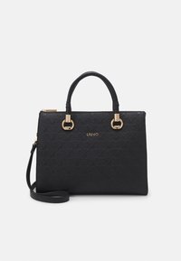 Fekete bőr kézitáska dombornyomott mintával, dupla felső fogantyúval, arany színű fém kiegészítőkkel és levehető vállpánttal. Cipzáras záródás.