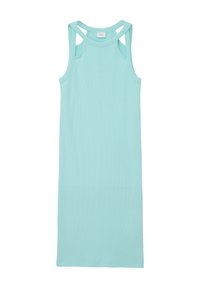 Un vestito senza maniche di un verde menta chiaro con una silhouette dritta, caratterizzato da spalline con tagli e un tessuto morbido ed elastico.