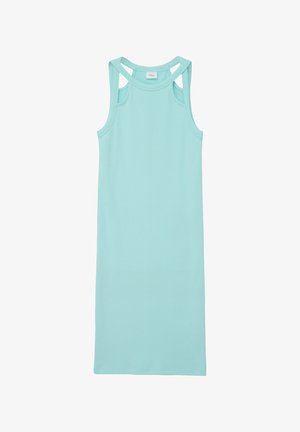 En lys mintgrøn, koncentreret kjole uden ærmer med en lige silhuet, der har udskårne skulderstropper og et glat, strækbart stof.