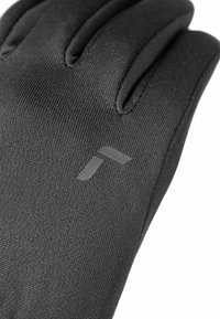 Schwarze Stretchhandschuh mit strukturiertem Finish, ausgestattet mit drei Fingerfächern und einem dezenten Logo im Handgelenkbereich.